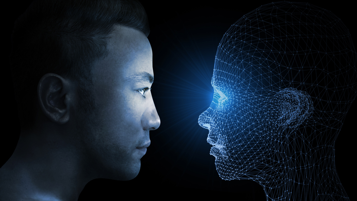 A human face opposite a digital wireframe face, representing human and AI collaboration in software engineering.