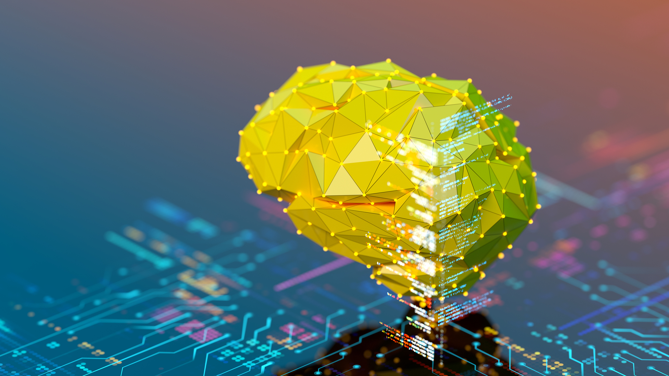 image of a yellow brain with code depicting AI and development coding