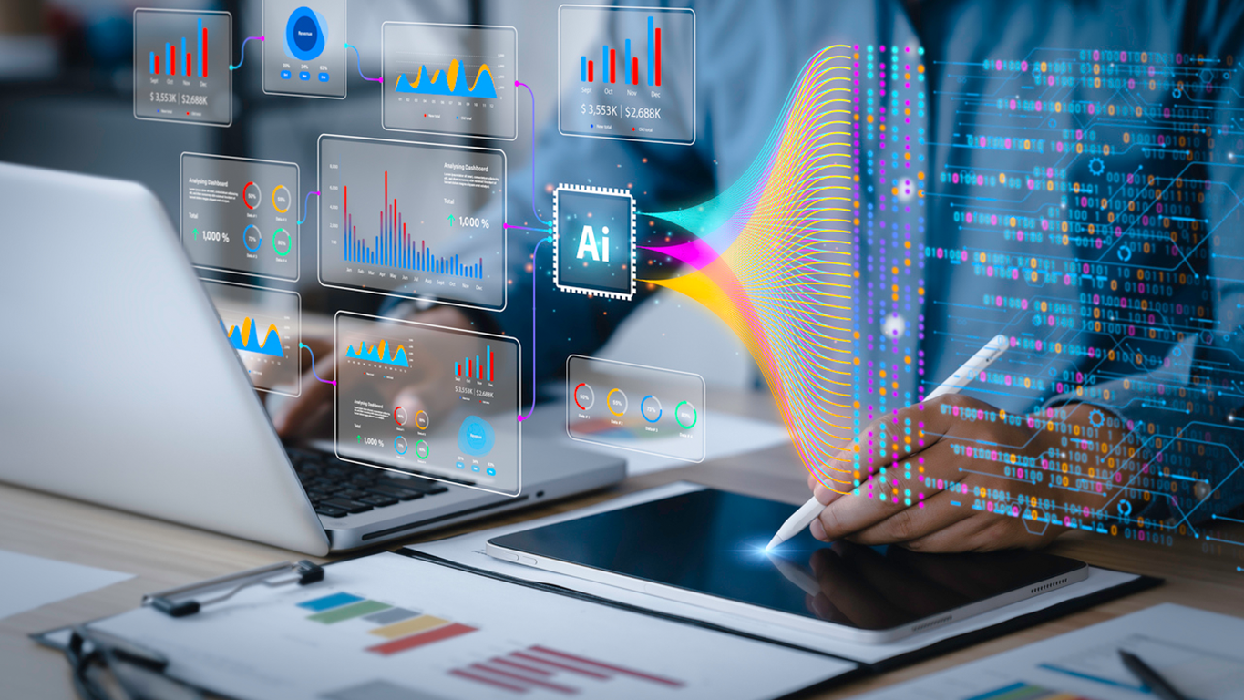 An AI-powered data analytics interface showing dashboards, real-time insights, and intelligent data flows across a modern data platform.
